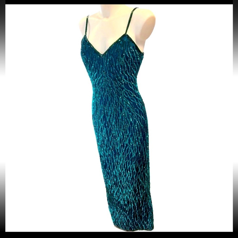 Laurence Kazar Vintage Dress Size XL Emerald Green Sequin Silk Spaghetti Straps